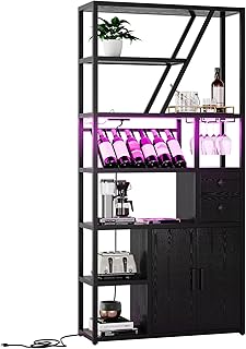 Takywep Modern Tall Bar Cabinet with LED Lights & Power Outlets – Wine Rack, Glass Holder, Storage Shelves, Bakers Rack, Coffee Bar and Microwave Stand for Living Room or Kitchen, Black Frame + Black