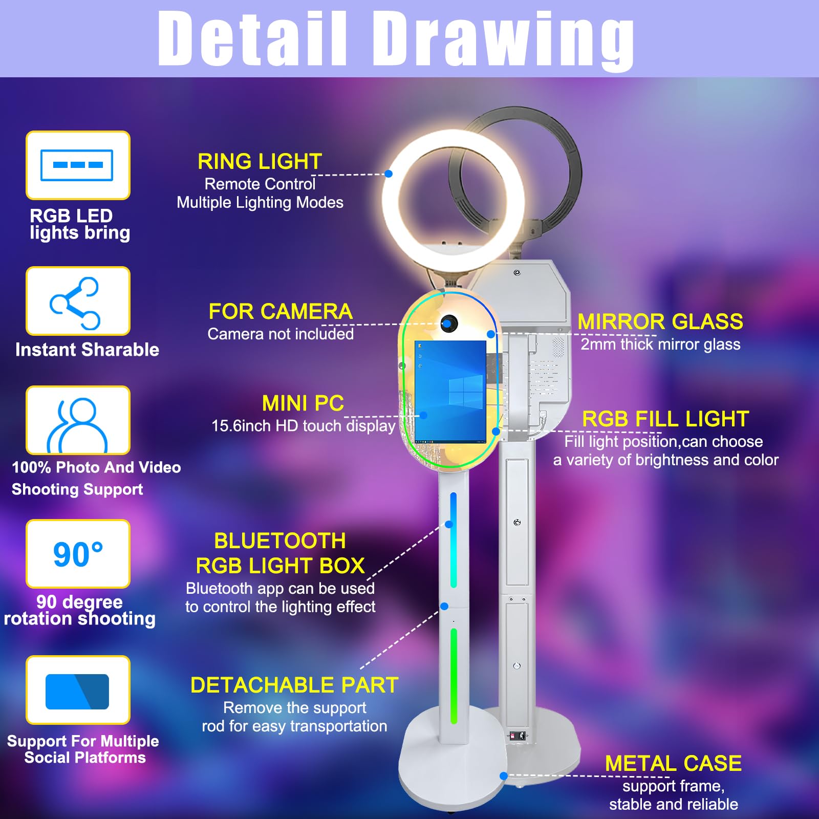 ZLPOWER Magic Mirror Photo Booth for DSLR with LCD Touch Screen PC Shell Stand Selfie Station Photobooth Machine Kiosk with Software Ring Light and Flight Case for Party Wedding Rental
