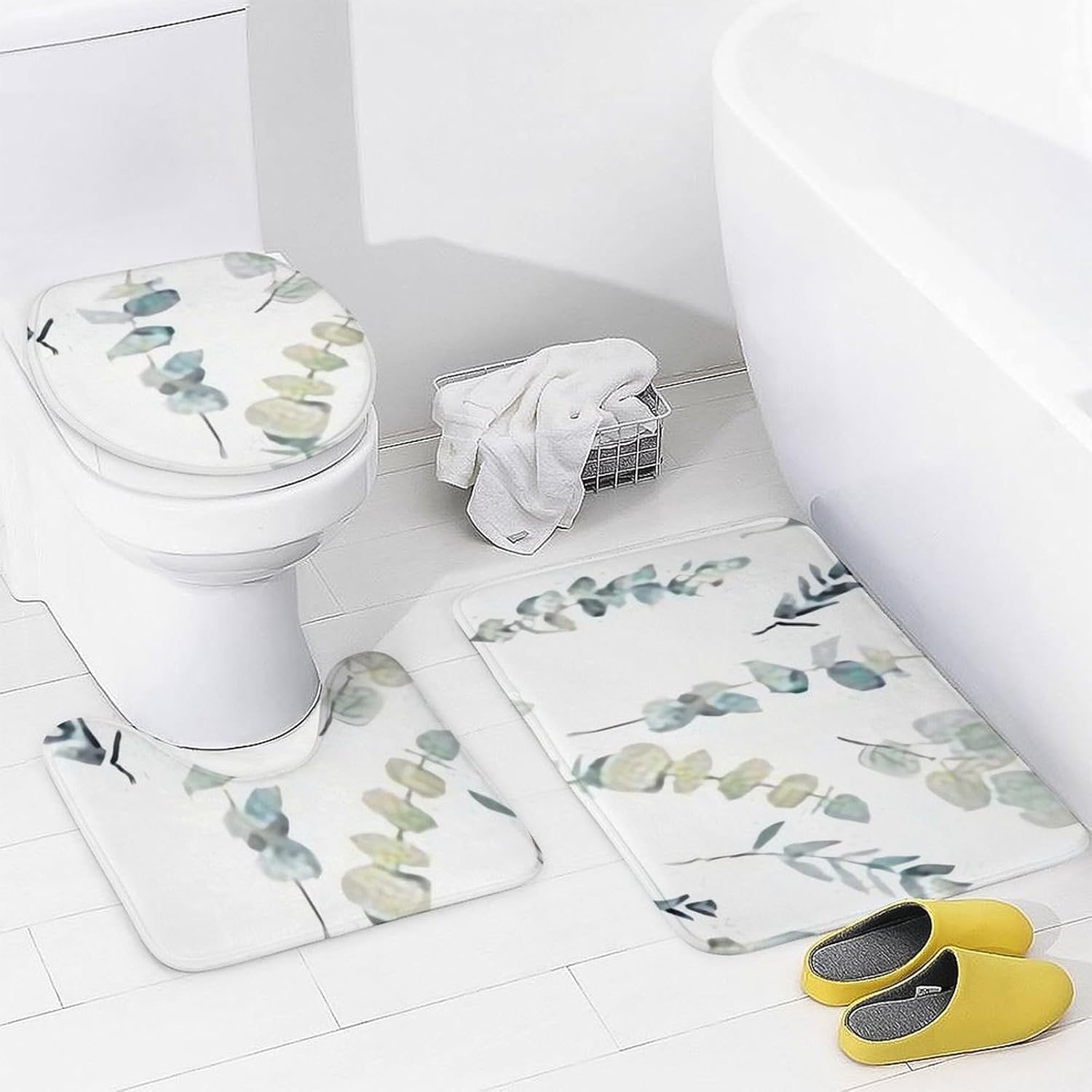 4 Piece Bathroom Rug Set with Shower Curtain, Non-Slip Bath Mat Toilet Cover Set, Eucalyptus Leaves2 Bathroom Rug Sets