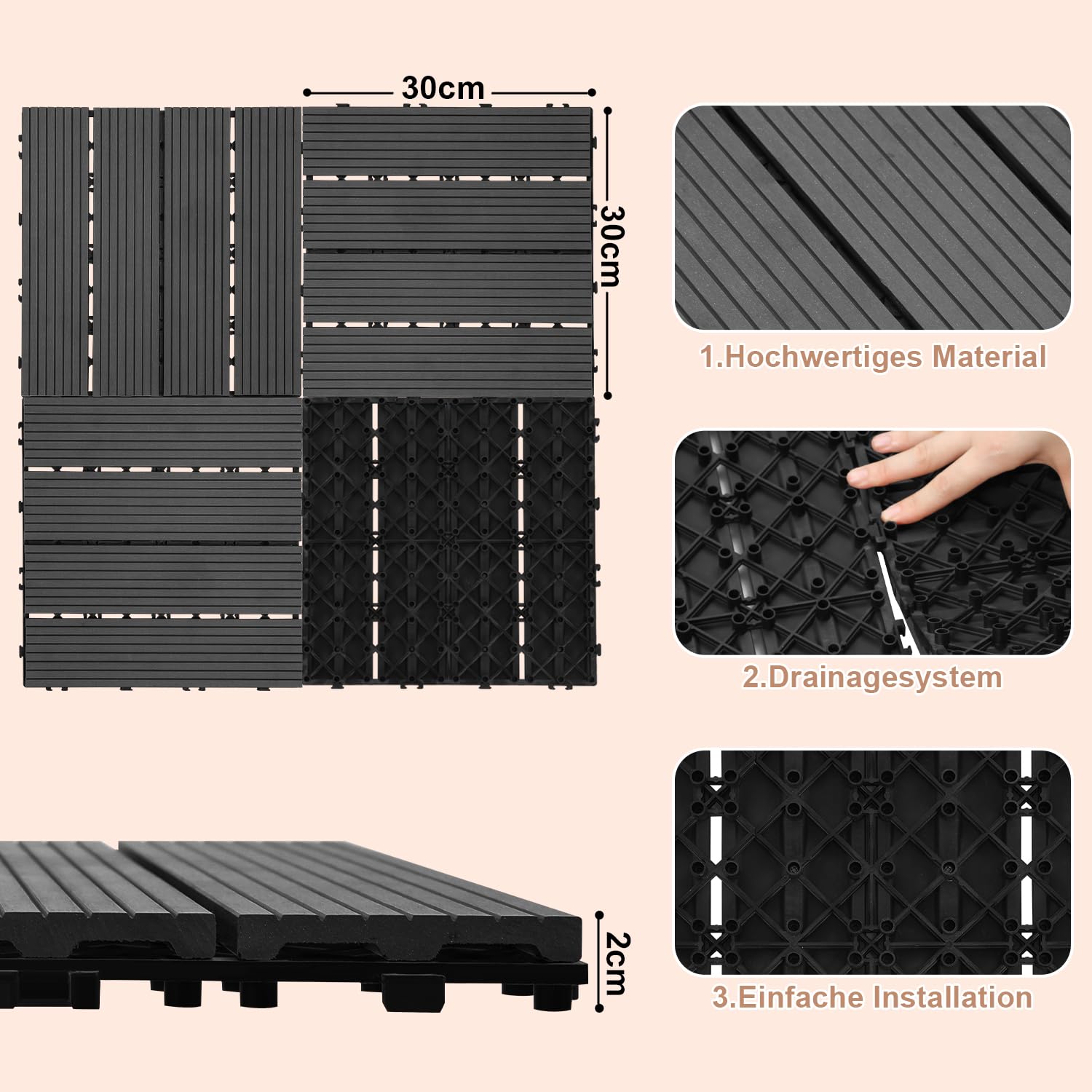 Confezione da 33 piastrelle in legno WPC, 30 x 30 cm – 3 m². Ideale per esterni, piastrelle a scatto, per balcone, giardino e terrazza, installazione semplice, veloce e pratica
