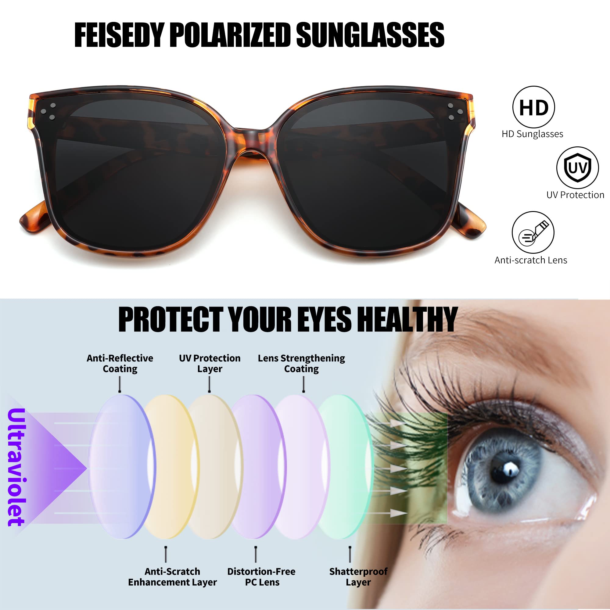 Anteojos de sol de estilo retro, cuadrados polarizados, para mujeres y hombres, aspecto vintage, de gran tamaño, B2600, negro 6