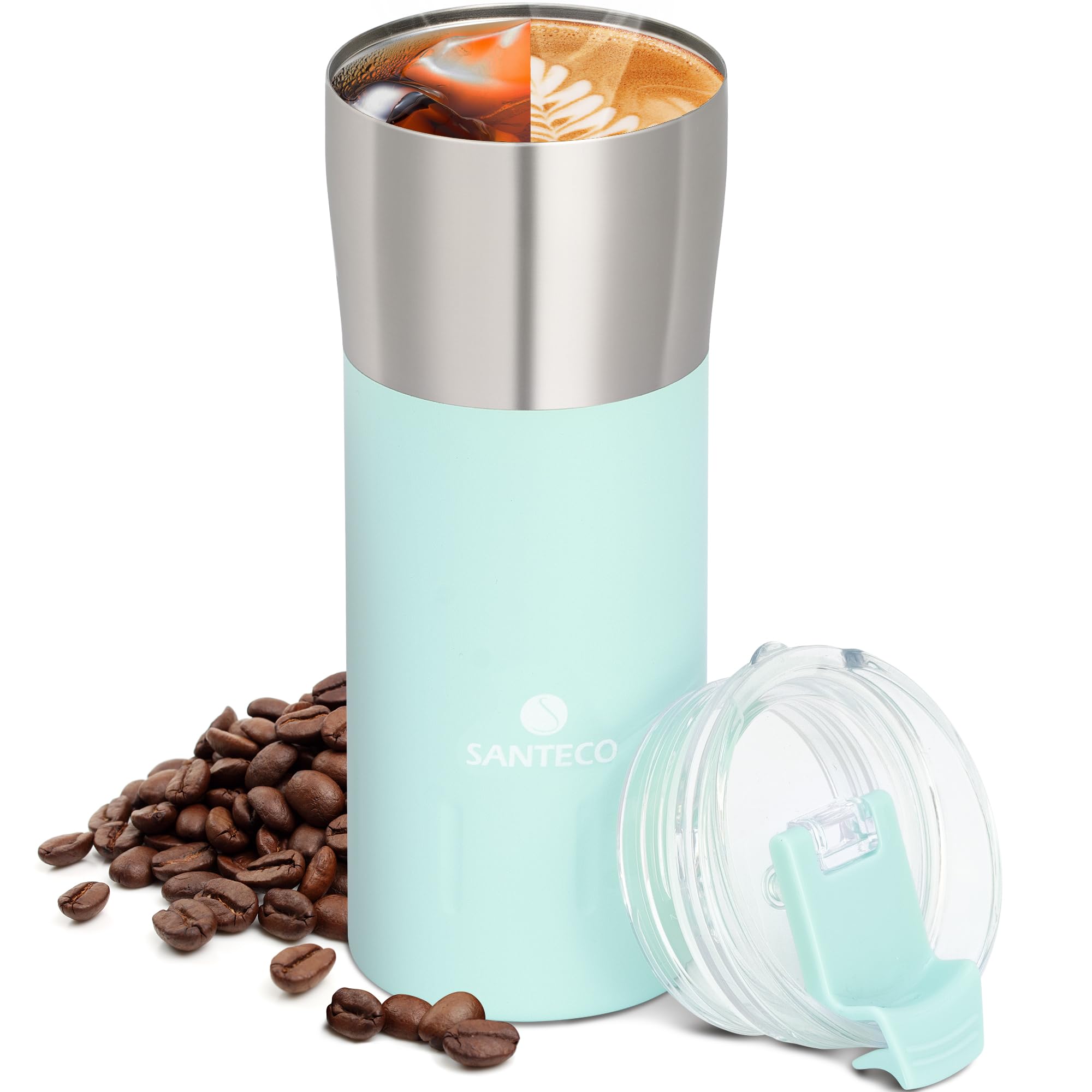 SANTECOThermal Mug 500 ml, Coffee Mug to Go 18/8 Stainless Steel Double-Walled Insulated - Keeps Hot for 10 Hours - 100% Leak-Proof Drinking Cup with Transparent Lid BPA-Free