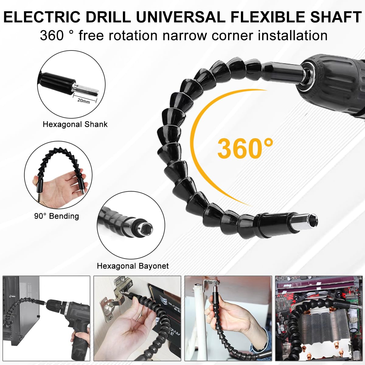 21 Pièces Renvoi D'Angle Visseuse Kit,105° Tournevis Flexible,1/4" Rallonge Embout Visseuse,1/4" 3/8" 1/2"Adaptateur Hexagonal, Renvoi D'Angle Perceuse, pour Rallonge Flexible pour Perceuse