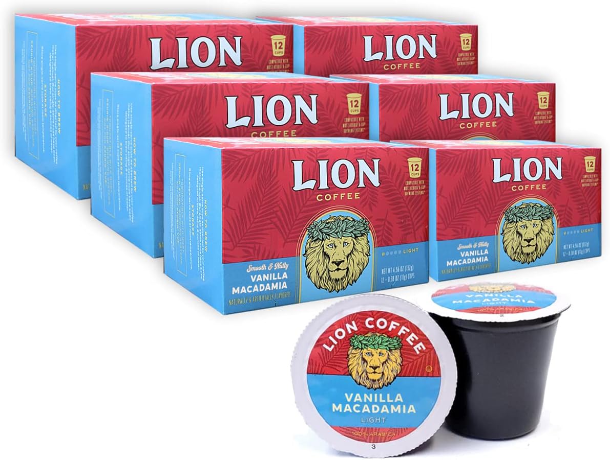 Lion Coffee Vanilla Macadamia Flavor, Single-Serve Coffee Pods - 12 Count Box (Pack of Six)