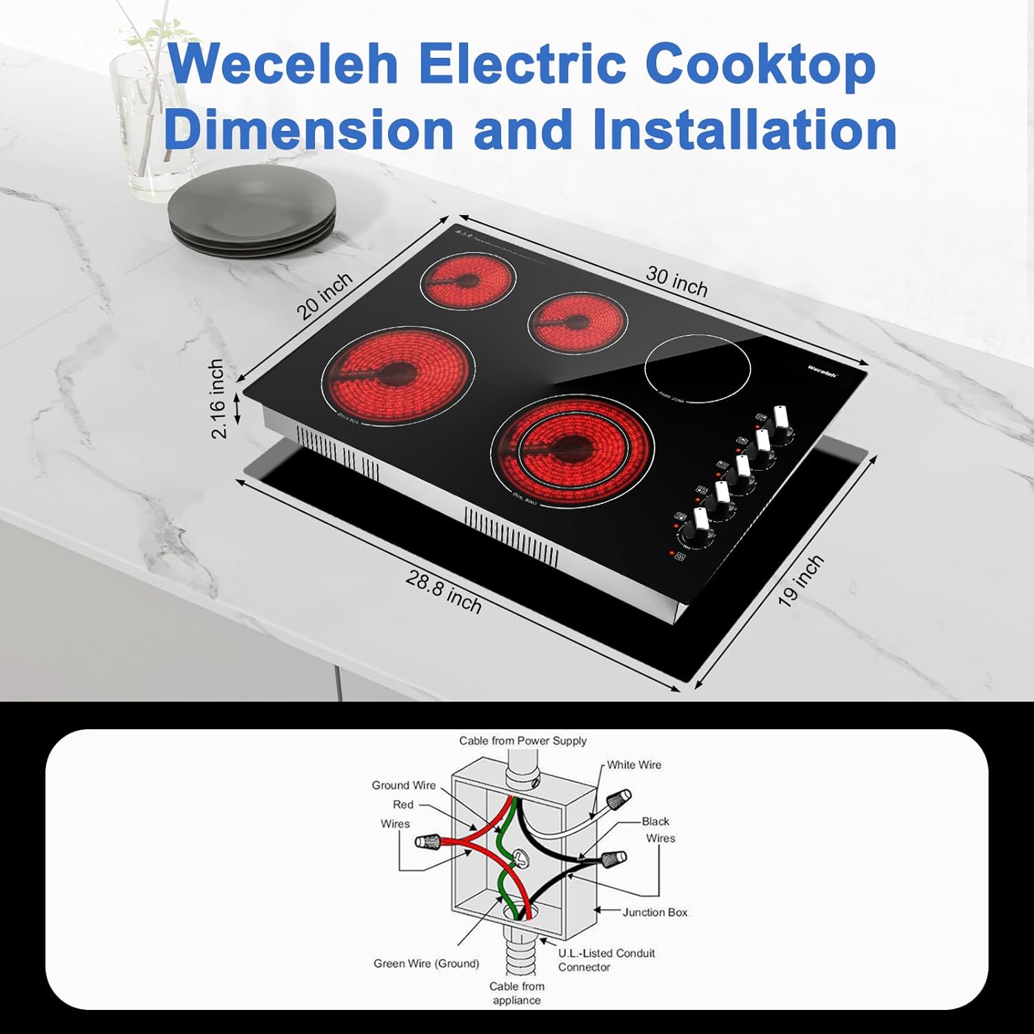 30 inch electric cooktop dual ring and power levels close-up