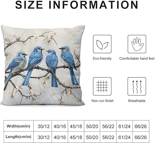 Miniatura 3 de Cojines Decorativos para Sala - Funda de cojín cuadrada para sofá, diseño de pájaros azules con flores posando en ramas, 22 x 22 pulgadas, diseño de