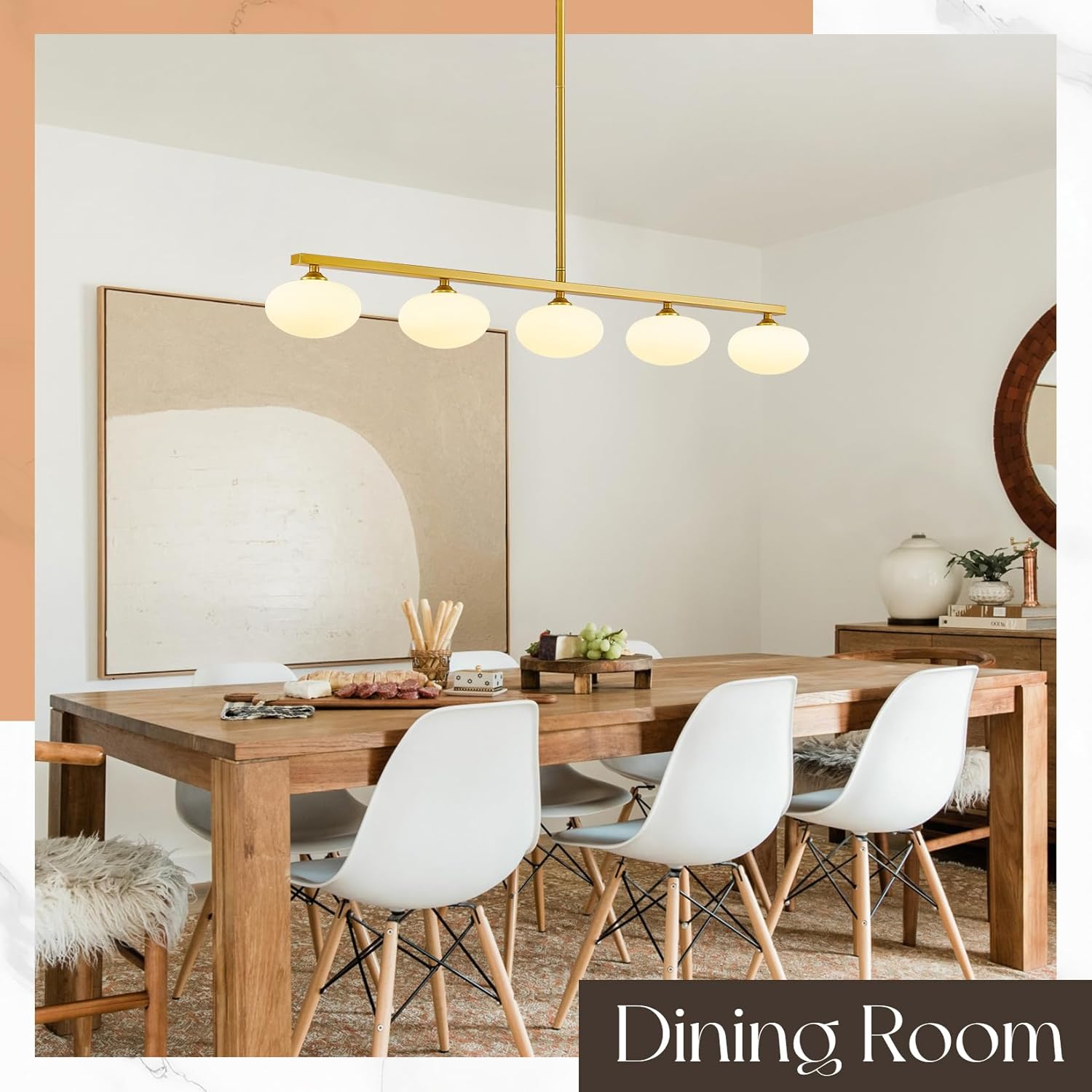 Gold Linear Chandelier, 5-Lights Kitchen Island Light, Dining Room Light Fixture Over Table, Mid Century Globe Chandelier