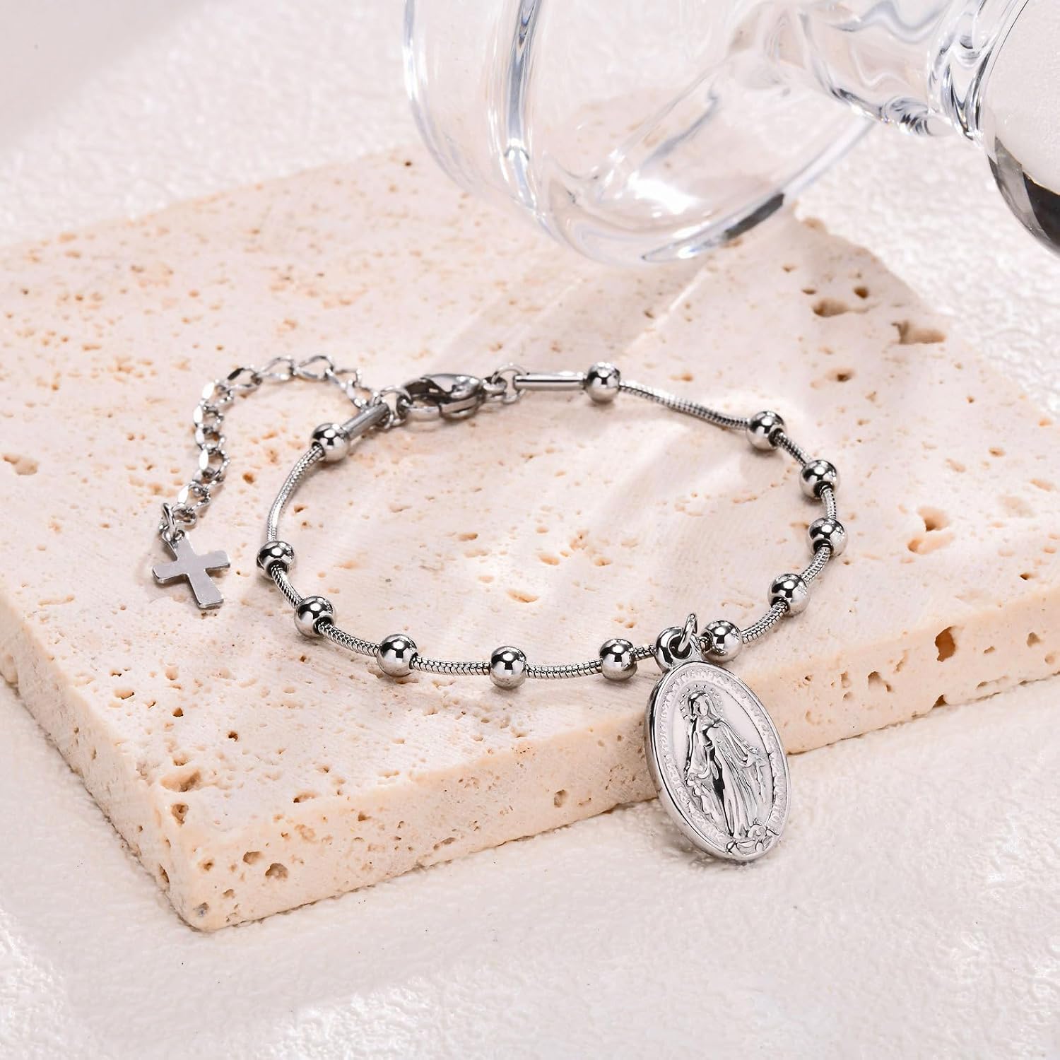 Silver Italian Rosary Cross Bead Charm Link Chain Bracelet for Women, Adjustable and Elegant Jewelry