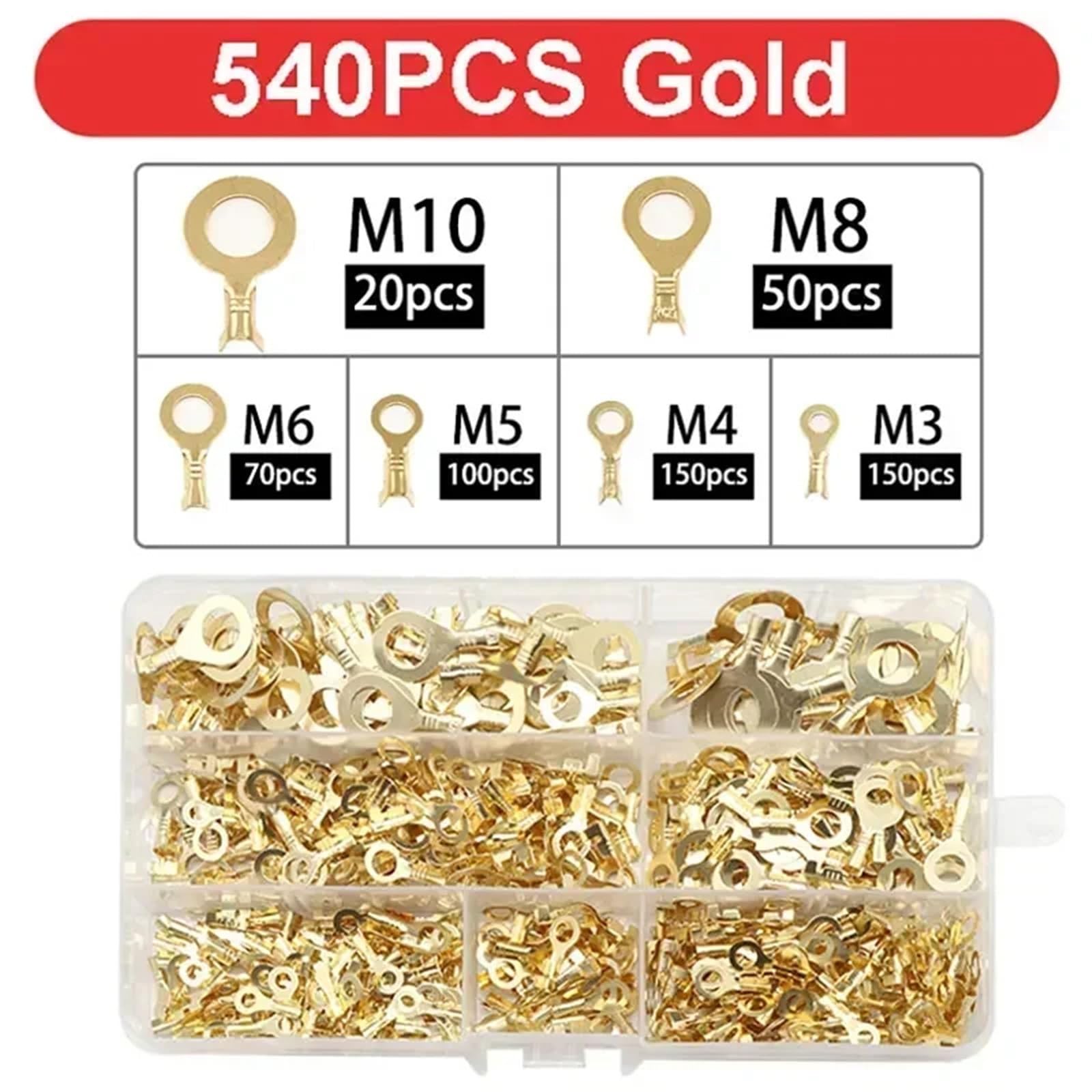 Isolierter Ringkabelschuh Crimp Verschiedenes M3 M4 M5 M6 M8 M10 Kupferring-Crimpkabelschuh-Set for Elektrische Kabelverbindungen(540pcs,5 boxes)