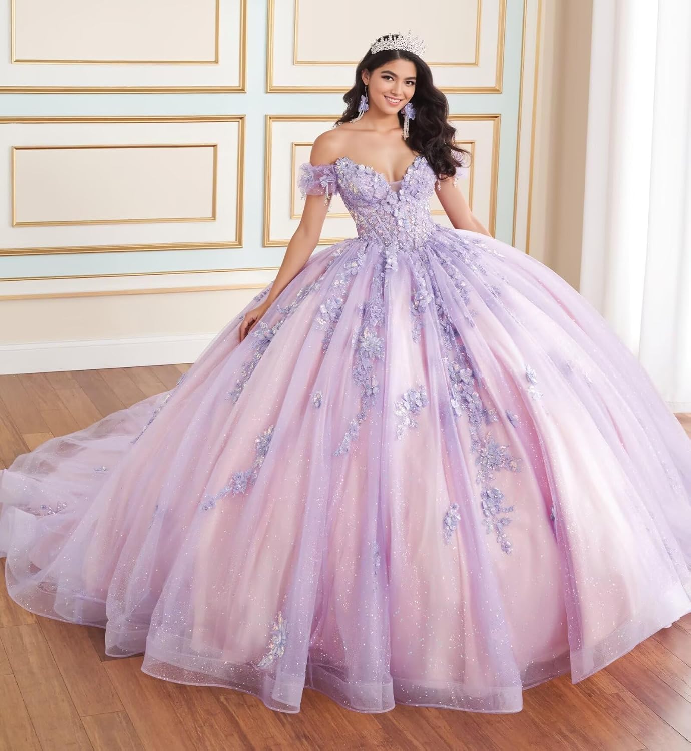 Lace Applique Quinceanera Dresses 3D Flower Ball Gown Sparkly Tulle Sweet 16 Dresses Off Shoulder Quince Dress - Image 7
