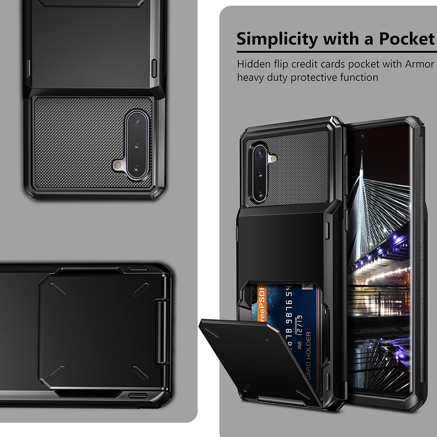 Vofolen for Galaxy Note 10 Case [4-Slot Pocket] Wallet Credit Card ID Holder Scratch Resistant Dual Layer Protective Bumper Rugged Rubber Armor Hard Shell Cover for Samsung Galaxy Note 10 Black