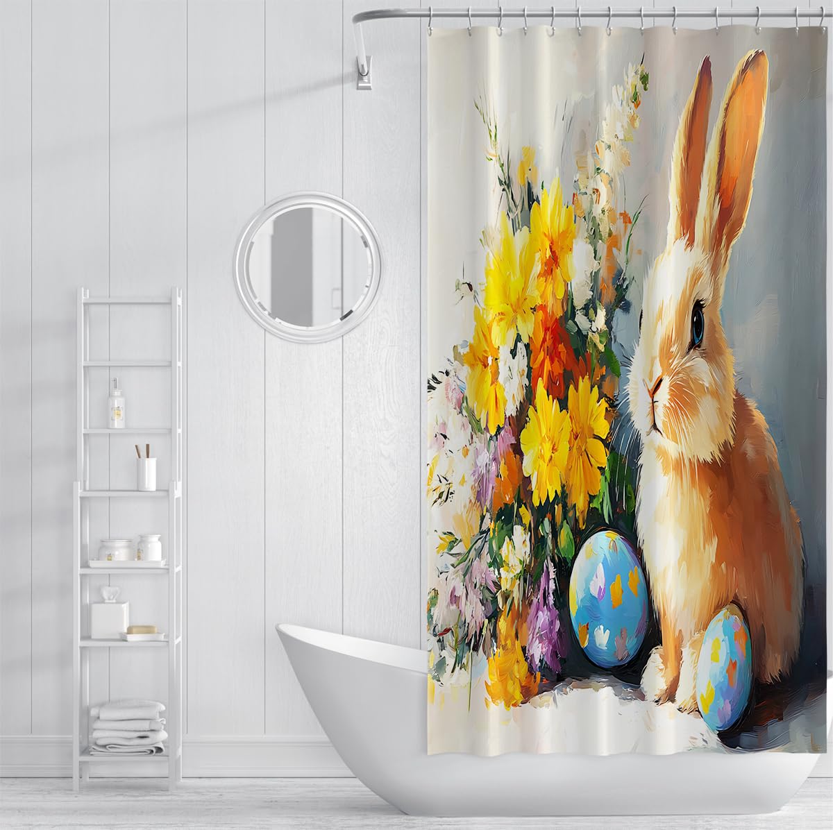 Pisanki Zasłony Prysznicowe Portret Królika Zasłony Prysznicowe Kwiatowy Bukiet Tło Retro Zasłony łazienkowe Boho Zmywalny 180 x 200 cm