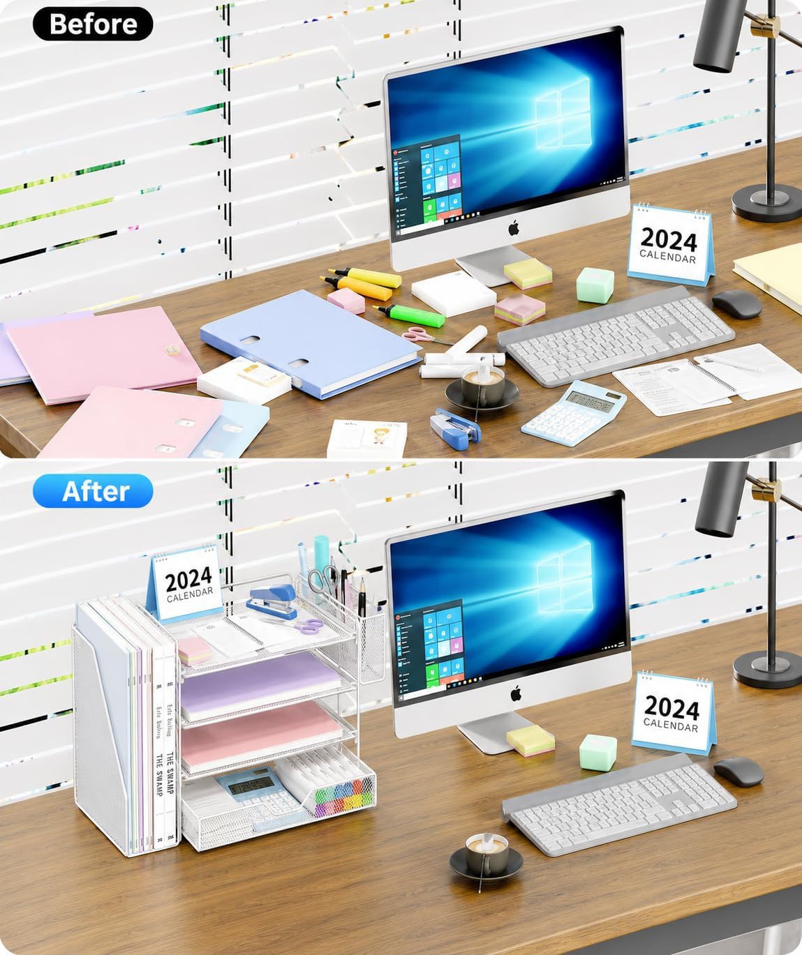  Desk Organizers and Accessories, 4-Tier Desktop File Organizer with Drawer and Pen Holders, Office Desk Accessories Workspace Organizers for Office Supplies (Soft White) thumbnail