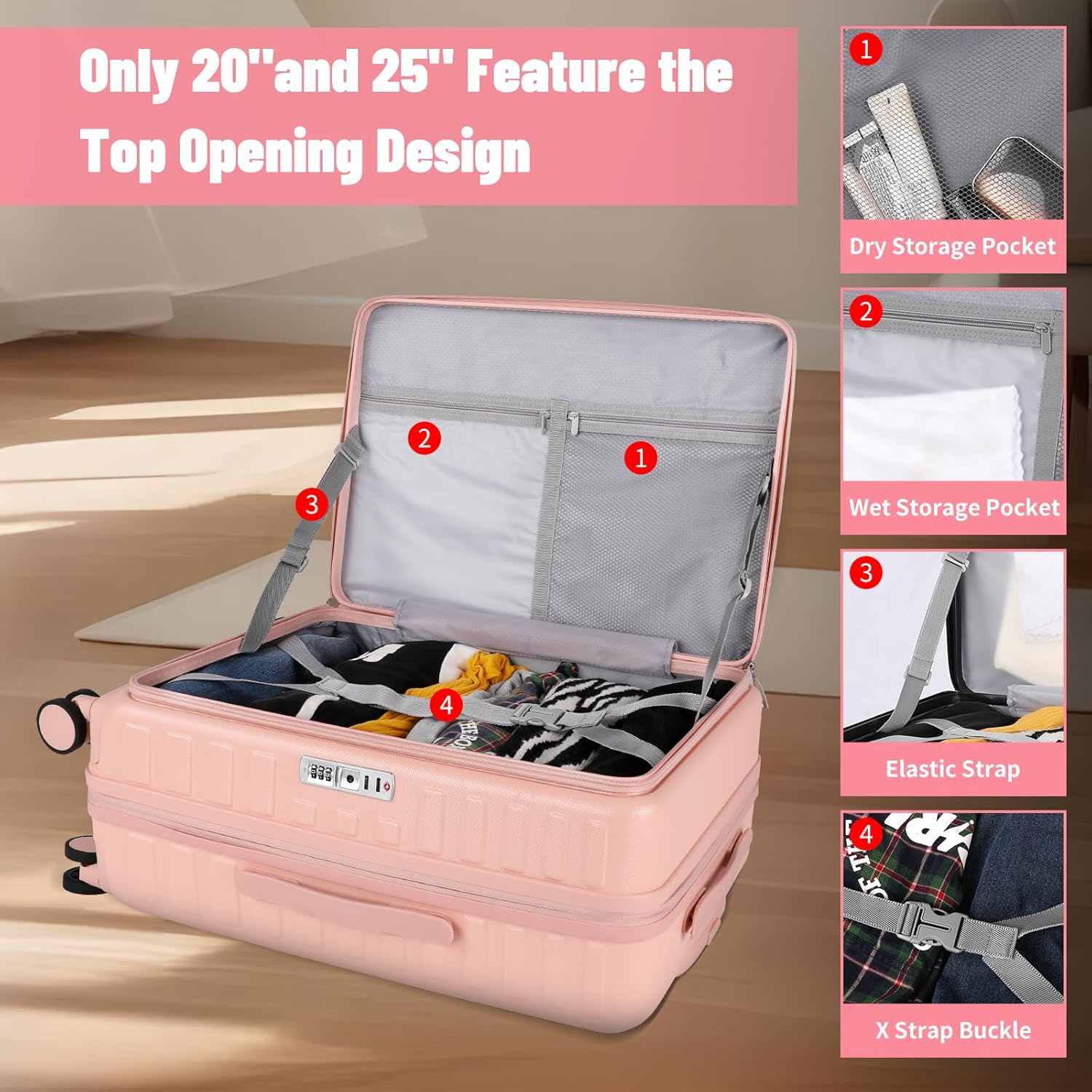 3-Piece 20/24 Top Opening Hardshell Lightweight Luggage and 28-Inch Clamshell Opening Suitcase with Spinner Wheels & TSA Locks for Woman Girls Travel, Pink 20in/24in/28in - Image 5