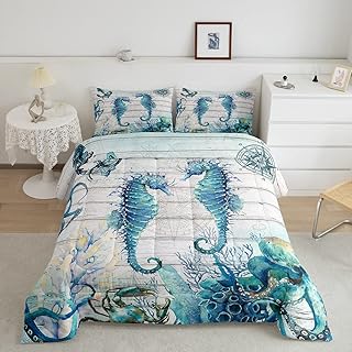 Manfei Hippocampus Comforter Set Queen Size, Sea Turtle Seahorse Octopus Quilt Set with 2 Pillowcases, Nautical Anchor Compass Bedding Set 3pcs for Kids Boy Girls Marine Life Duvet Insert