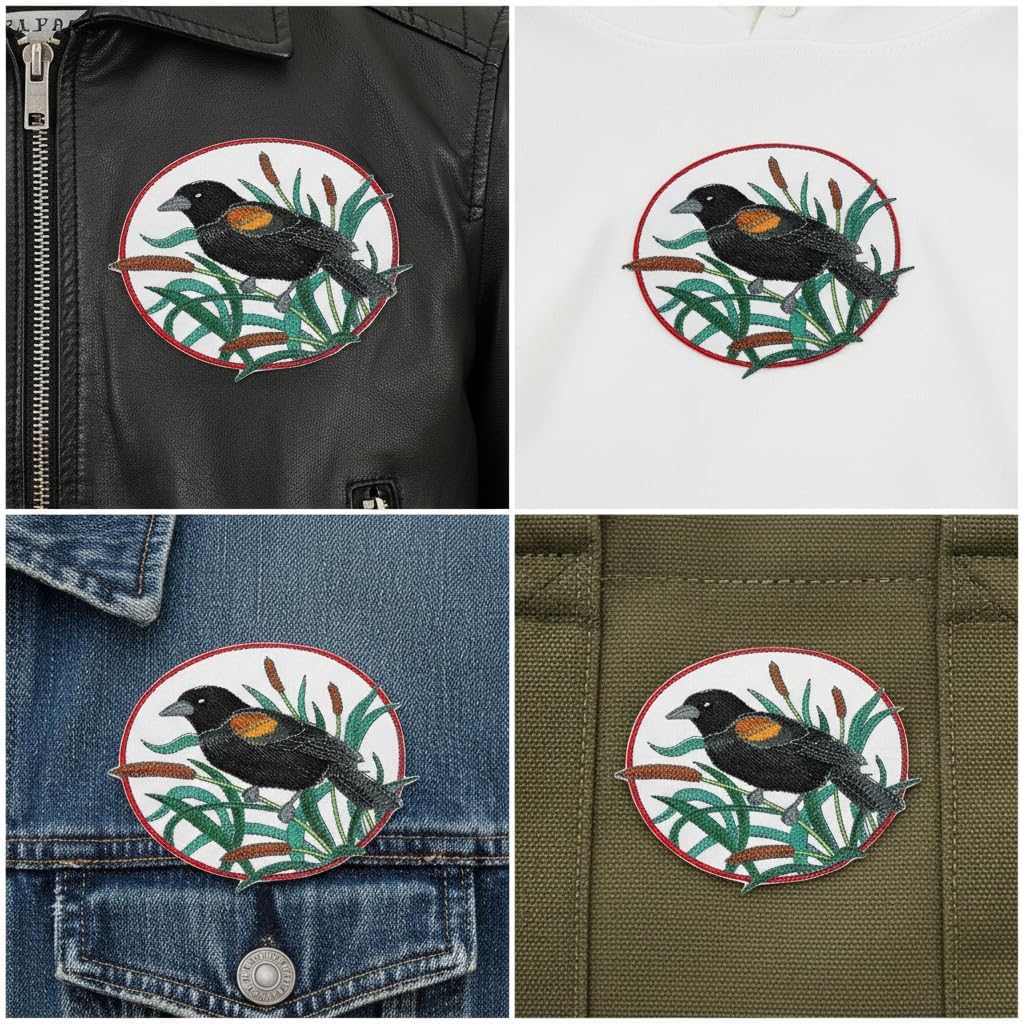 Nature Weaved in Threads, Amazing Birds Kingdom [Red-Winged Blackbird and Cattail Circle [Custom and Unique] Embroidered Iron on/Sew Patch [5" *5"] [Made in USA]