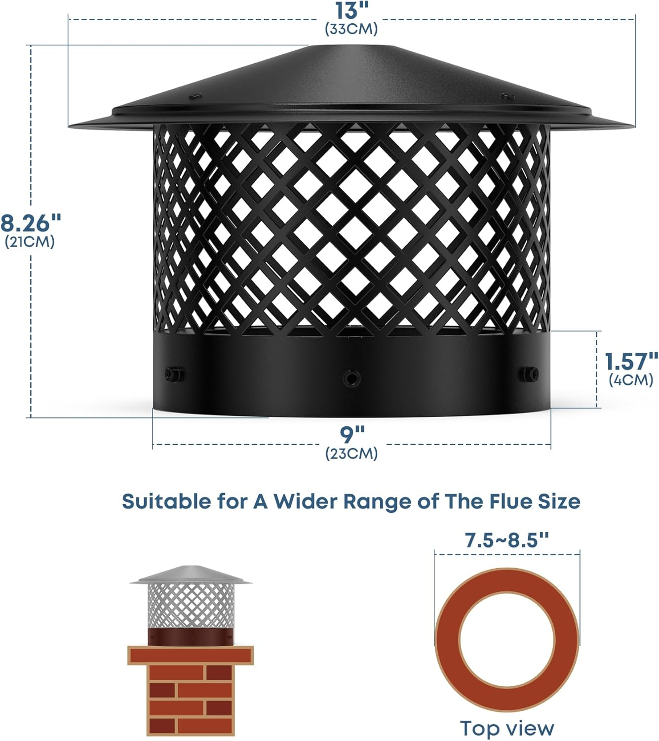 Stanbroil 8" Chimney Cap, Fireplace Round Chimney Cover for Outside Adjustable Bottom to Fit Existing Clay Flue Tile Sizes, Chimney Flue Rain Caps