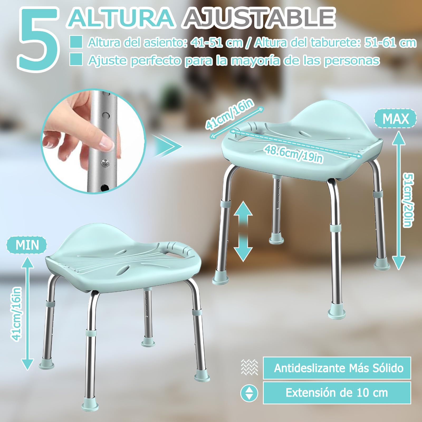 Taburete de Baño para Personas Mayores, Taburete de Ducha de Aluminio Ligero, Altura Ajustable Silla de Ducha con Patas de Antideslizantes, Pequeño Respaldo y Asas Integradas, Carga de 150 kg