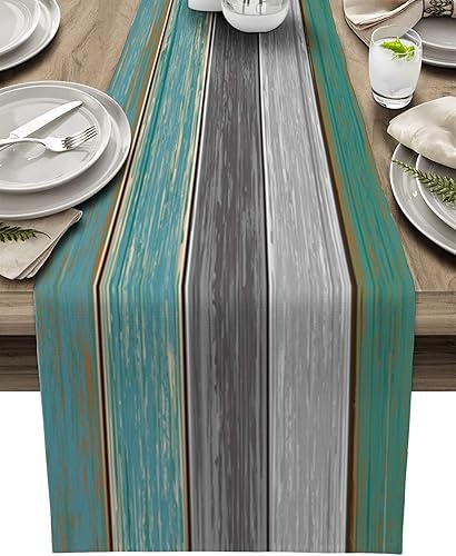 Camino de mesa de lino y algodón para el Día de San Patricio, estilo casa de campo, con textura de madera rústica, degradado, verde azulado, verde,