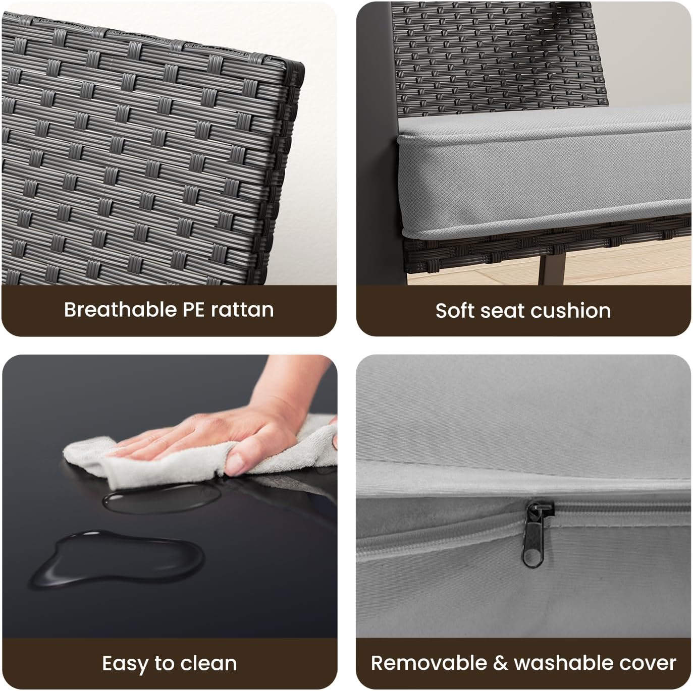 Bealife 3 Piece Outdoor Patio Wicker Furniture Set, Outdoor Patio Rocking Bistro Set of 2 with Wooden Armrests and Coffee Table for Lawn, Yard, Porch, Balcony (Grey)