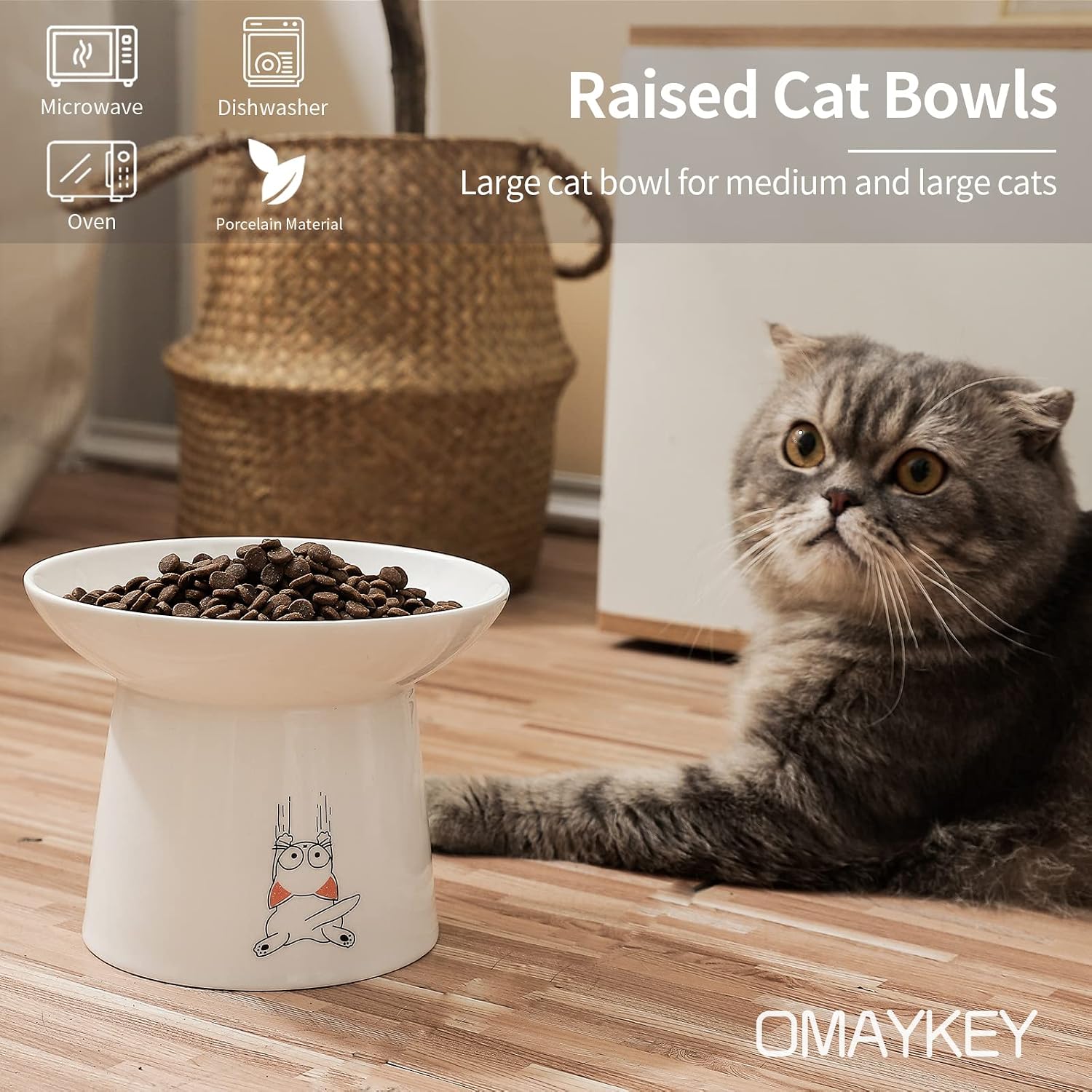 6.5 Inch Ceramic Raised Cat Bowls, Extra Wide Elevated Cat Food Water Bowl | Prevent Neck, Whisker Fatigue, Anti Vomit, for Elder Big Cats & Small Dogs, Dishwasher and Microwave Safe, White