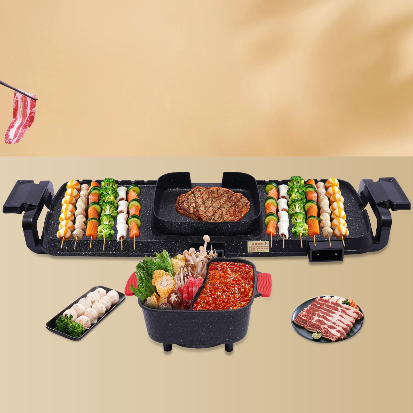 Portable Barbecue Heißtopf 2 in 1, Innen Koreanisch BBQ Doppelte Kontrolle Shabu Shabu Heißtopf mit Grill Multifunktion Rauchfrei Herd für Familie Freunde und Party