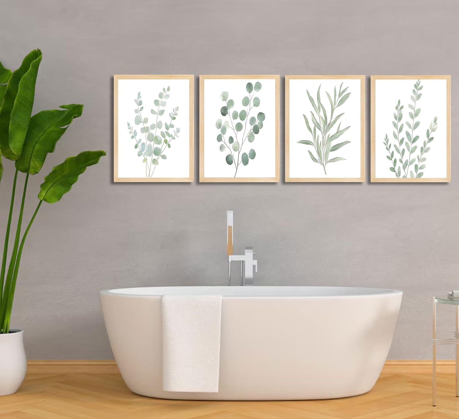 4Pcs Framed Eucalyptus Botanical Canvas Wall Art Sage Green Bathroom Pictures Watercolor Mint Green Plant Leaves Poster Print Modern Minimalist Aesthetics Paintings Wall Decor for Bedroom 12x16in