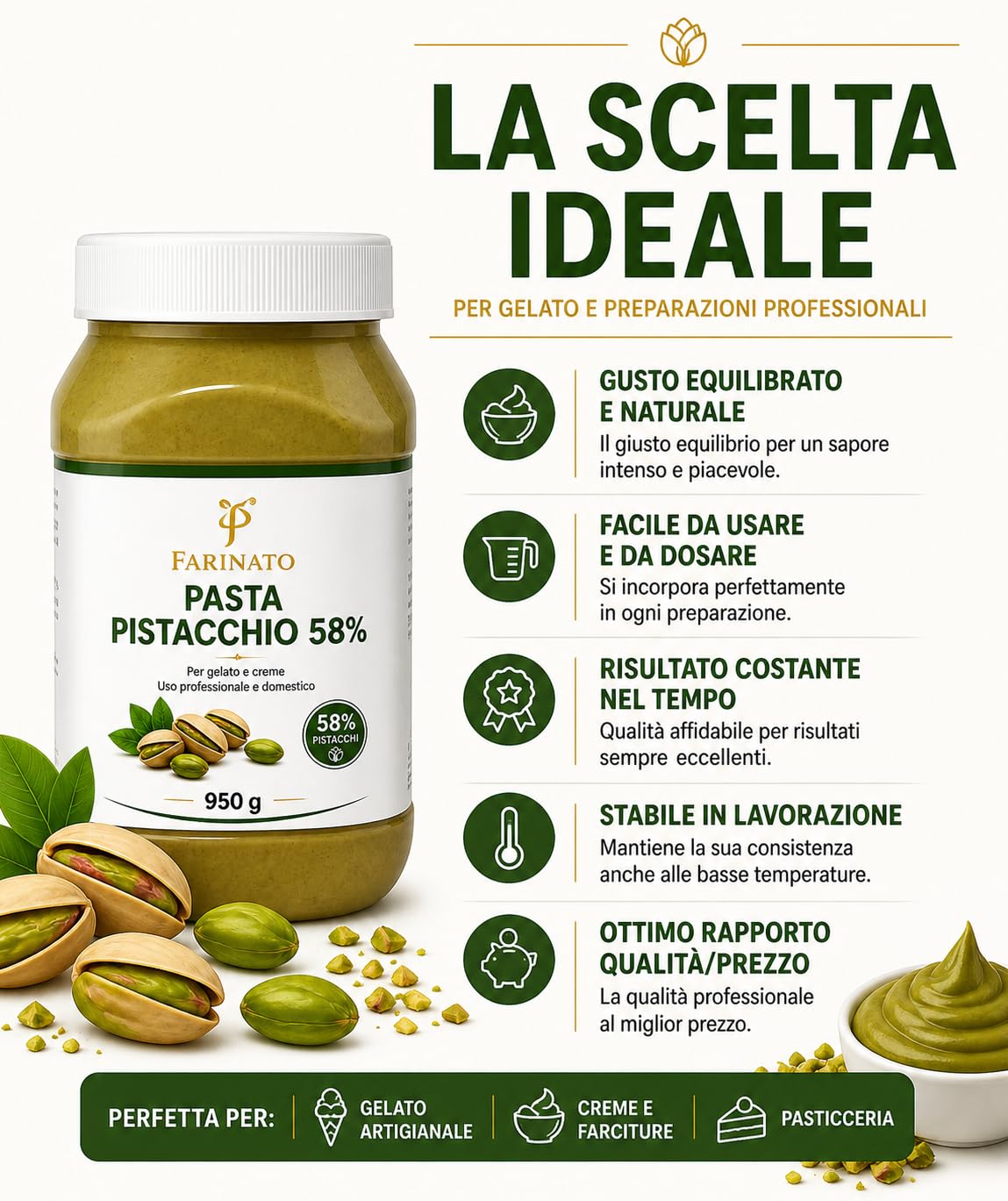 Farinato Pasta Pistacchio 58% per Gelato e Creme – Uso Professionale e Domestico – 950 g