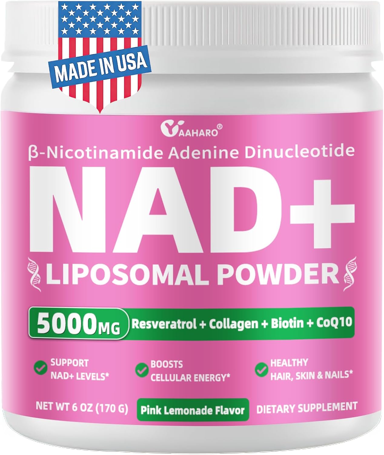 NAD Supplements for Women 5000mg, Liposomal NAD+ Powder with Resveratrol, Collagen Peptides, Biotin, CoQ10 & TMG for Healthy Aging, Cellular Energy, Hair Skin & Nails, Pink Lemonade Mix, 34 Servings
