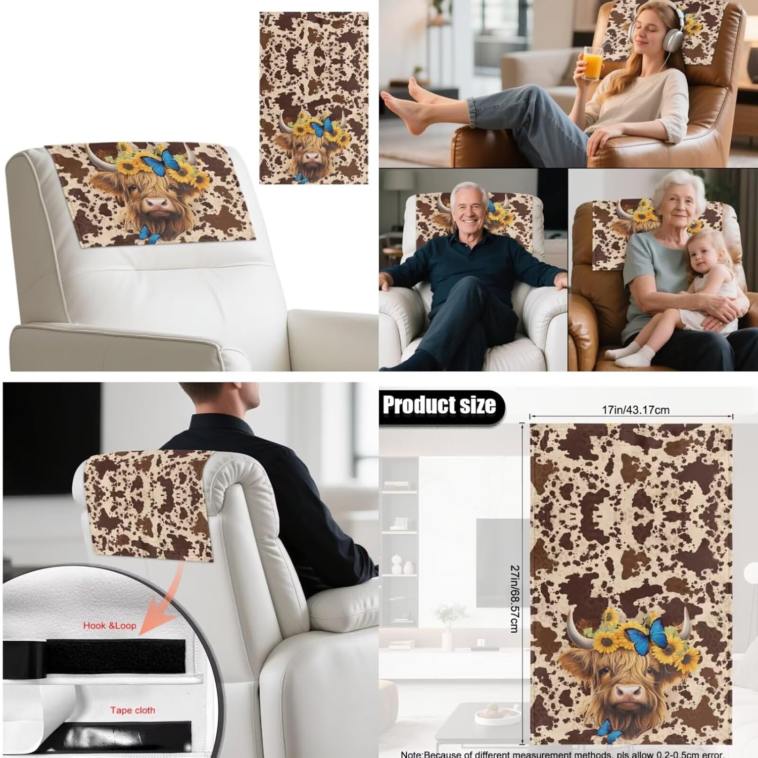 Highland Cow Universal Recliner Headrest Cover with Cushion Protector for Loveseat with Elastic Bottom Sunflowers Butterflies PU Sofa Headrest Covers Easy to Install