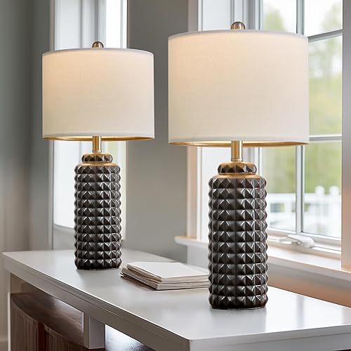 Miniatura 6 de Juego de 2 lámparas de mesa de cerámica modernas de 24.5 pulgadas, color gris oscuro, con patrón de diamante, lámpara de mesita de noche alta,