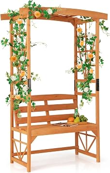 DREAMADE Wooden Garden Arch with Bench, Garden Arch with Pergola & 2 Trellises, 2-Seat Outdoor Bench for Wedding Party, Backyard, Lawn & Patio