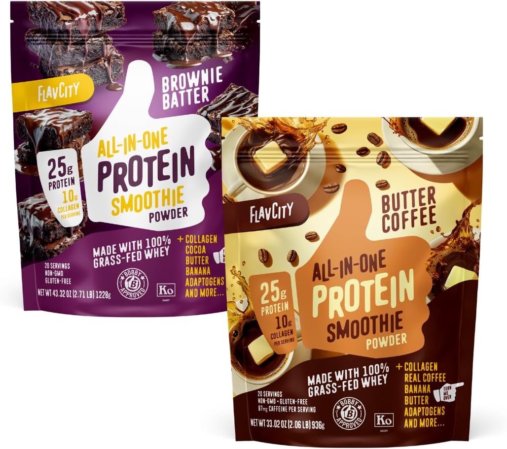 Butter Coffee & Brownie Smoothie Bundle - 25g Grass Fed Whey Protein Powder & Collagen in Chocolate and Coffee Flavors - Gluten Free (20 Servings Each)