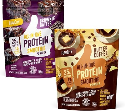 FlavCity Butter Coffee & Brownie Smoothie Bundle - 25g Grass Fed Whey Protein Powder & Collagen in Chocolate and Coffee Flavors - Gluten Free 20 Servings Each