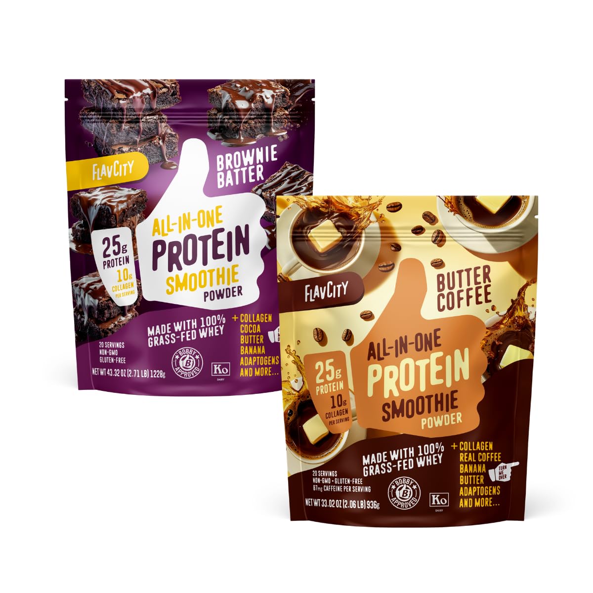 FlavCity Butter Coffee & Brownie Smoothie Bundle - 25g Grass Fed Whey Protein Powder & Collagen in Chocolate and Coffee Flavors - Gluten Free (20 Servings Each)