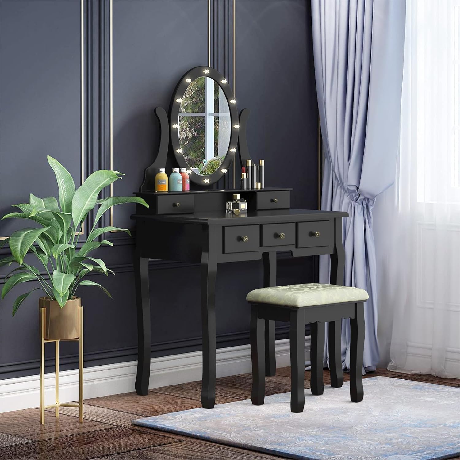 AUGESTER Lighted Makeup Vanity Set, Dressing Table Set with 12 Lights, 360° Rotating Oval Mirror, 5 Sliding Drawers, Elegant Cushioned Stool, for Bedroom or Gifts Girls Women (Black), Black,White