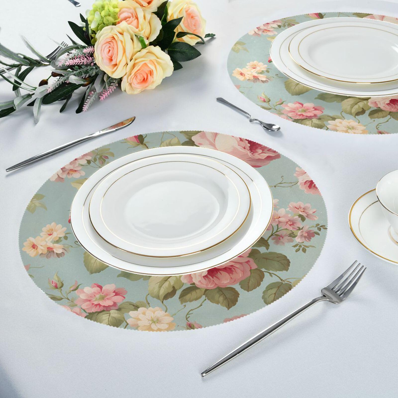 Flower Placemats Vintage Pink Rose Flower Round Placemats Set of 6 for Kitchen Table Washable Table Mats Place Mats - Image 4