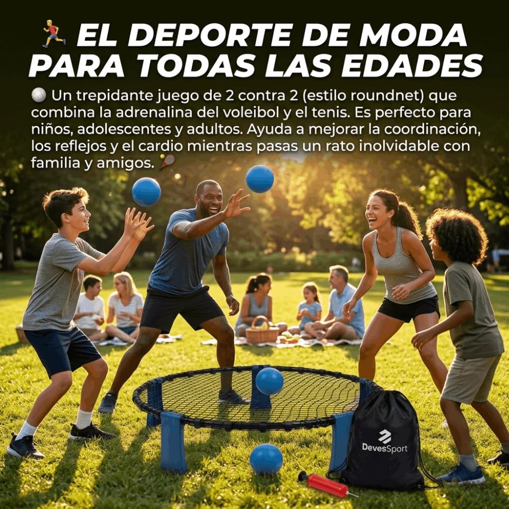DevesSport Speedy Ball Ensemble complet avec filet de rebond (Ø 90 cm) pour plage, jardin et extérieur Set complet avec 3 ballons, pompe et sac de transport