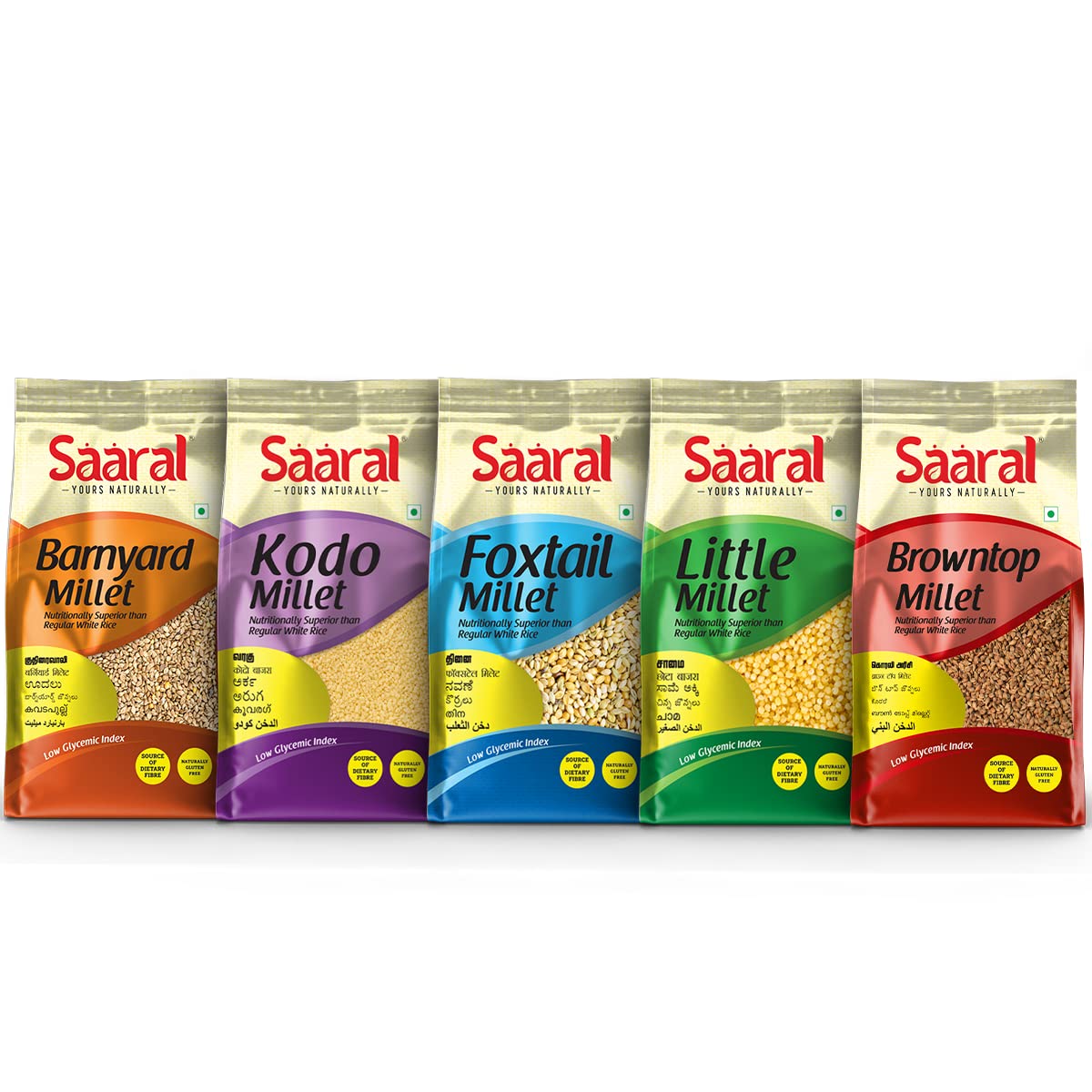 SAARAL Millets-Natural Grains Combo Pack Of 5|Foxtail 500G,Kodo 500G,Browntop 500G,Little 500G,Barnyard 500G|Native Low Gi Millet Rice|Nutrient Powerhouse,High Protein&100% More Fibre Than Rice