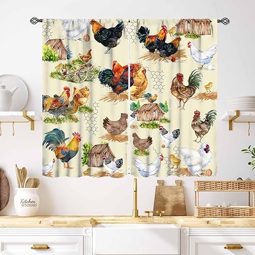 Miniatura 28 de Cortinas de cocina de granja, animales de granja rústica, gallo, pollo, leche, vaca, cerdo, molino de viento, granero rojo, retro, casa rural,