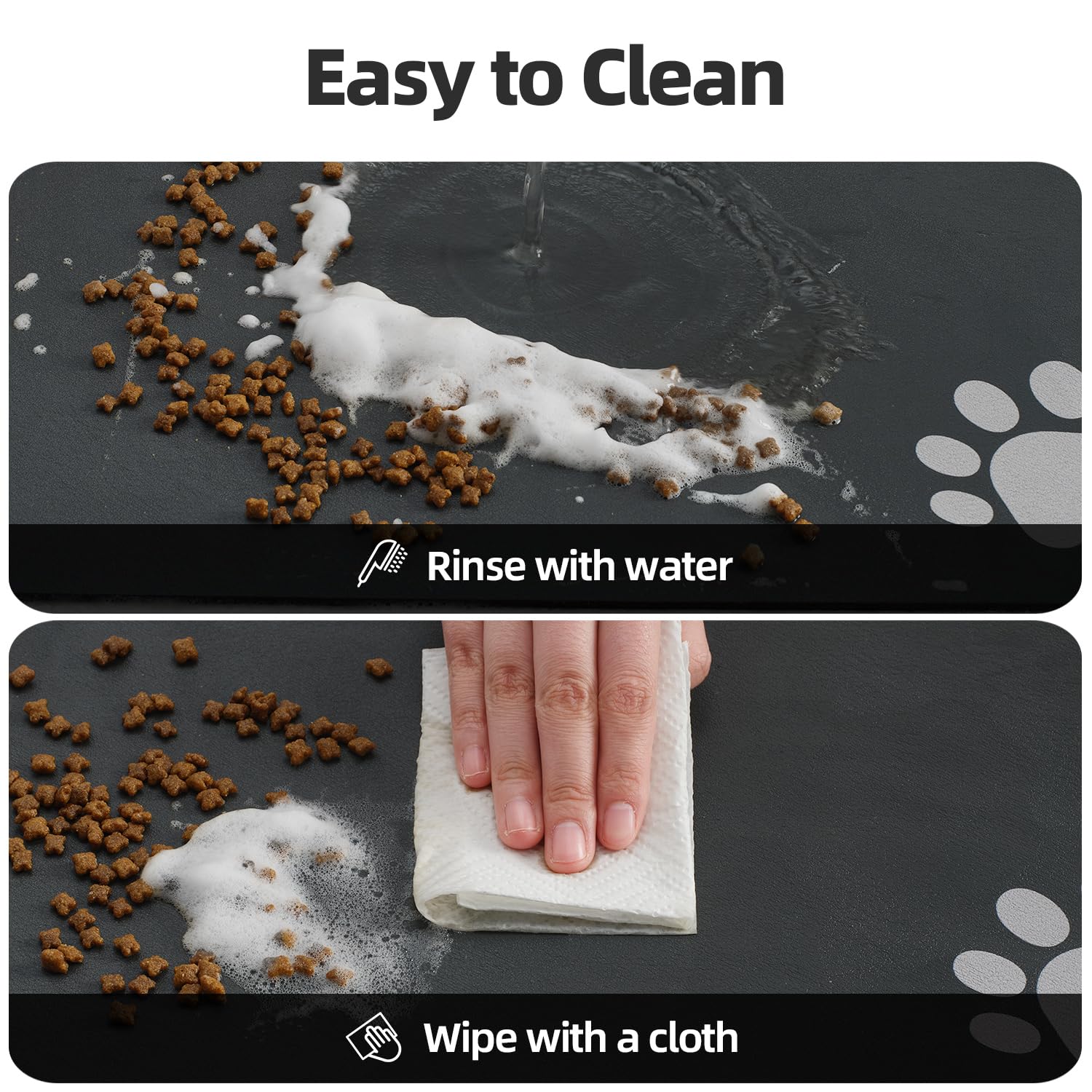 Dog Cat Food Mat Pet Bowl Absorbent No Stains Quick Dry-Innovative Pet Supplies Accessories-Water Dispenser for Messy Drinkers-Dark Grey With Paw Pattern 16"x24" 4