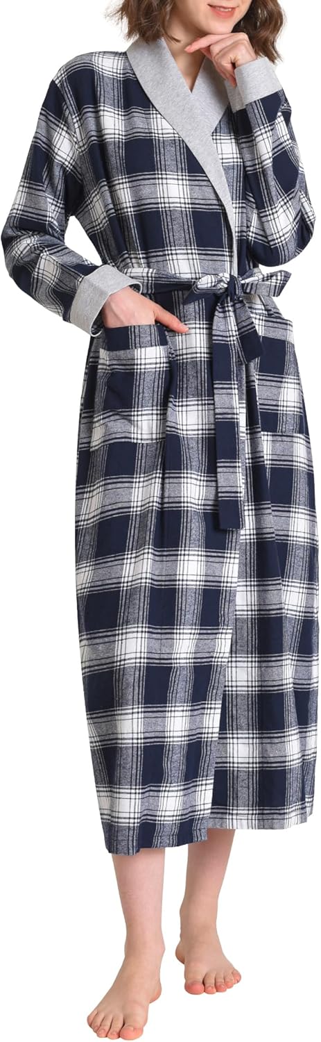 Latuza Women's Plaid Flannel Robe Long Cotton Bathrobe with Pockets