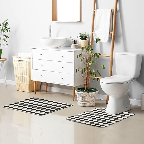 Miniatura 7 de Tapetes de baño de rejilla cuadrada en blanco y negro para piso de baño, ultra suave, absorción de alfombras de baño, antideslizantes, lavables