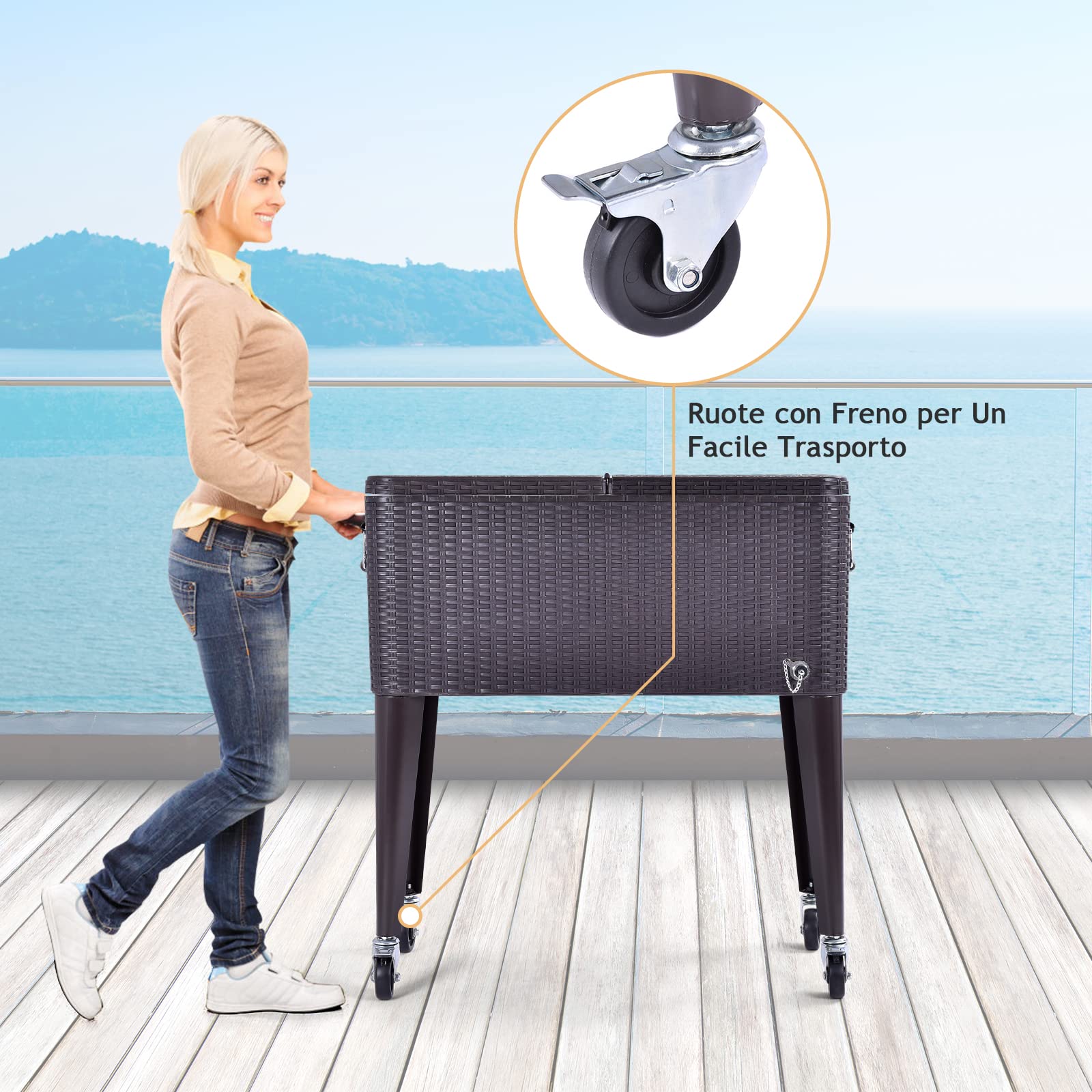 COSTWAY Carrello Portavivande Refrigerante Rattan 76L, Carrello Portaghiaccio con Ruote Bloccabili, Apribottiglie, 83x48x87 cm