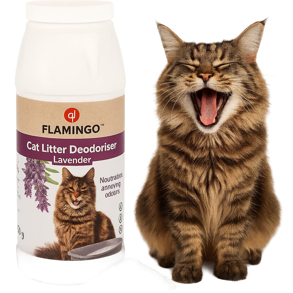 Flamingo Neutralizador de Olores Gatos – con Relajante Aroma a Lavanda – 750g – neutraliza los olores desagradables – asegura una Bandeja Siempre Fresca y Limpia (Paquete de 6)