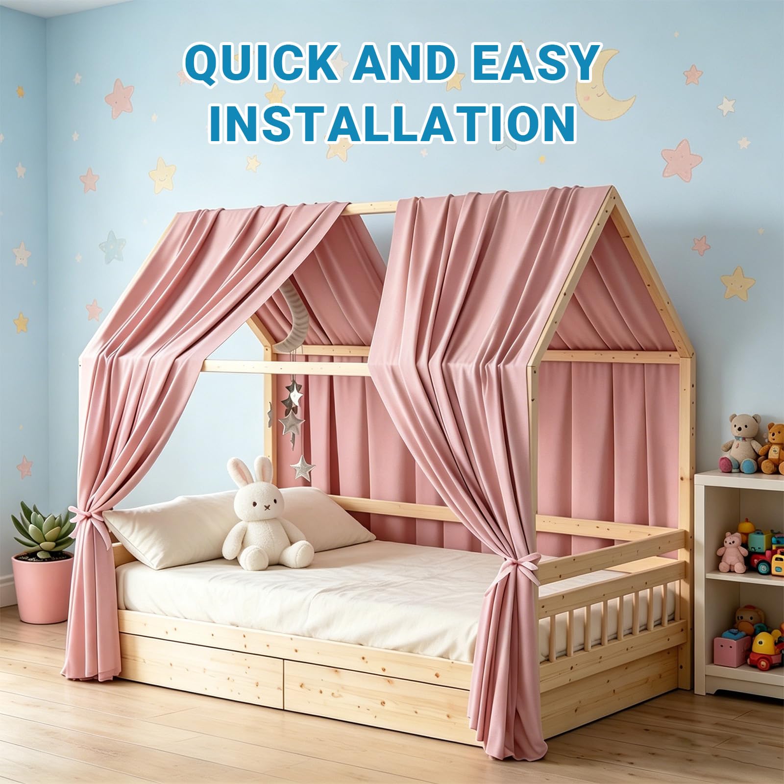 Ciel de Lit Cabane avec 2 Pièces Rideaux Lit-Cabane Enfant, Rideau Lit Cabane, Baldaquin Style Cottage, Baldaquin Ciel en Tissu de Maison Chambre pour Fille Garçon 67 x 270 cm (Rose)