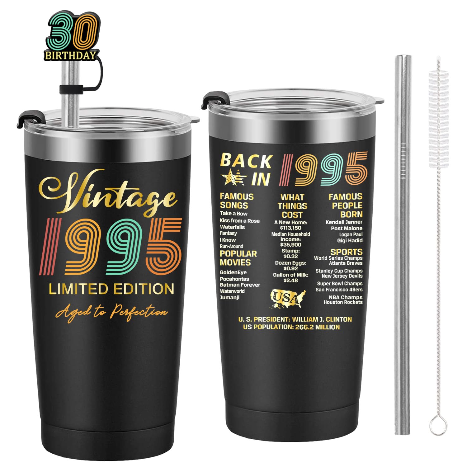 Greatingreat 1995 30th Birthday Gift for Women and Men - 30th Gifts for Parents - 30th Class Reunion - Mom Dad Wife Husband Grandpa Grandma Present - 20oz Tumbler Cup Black