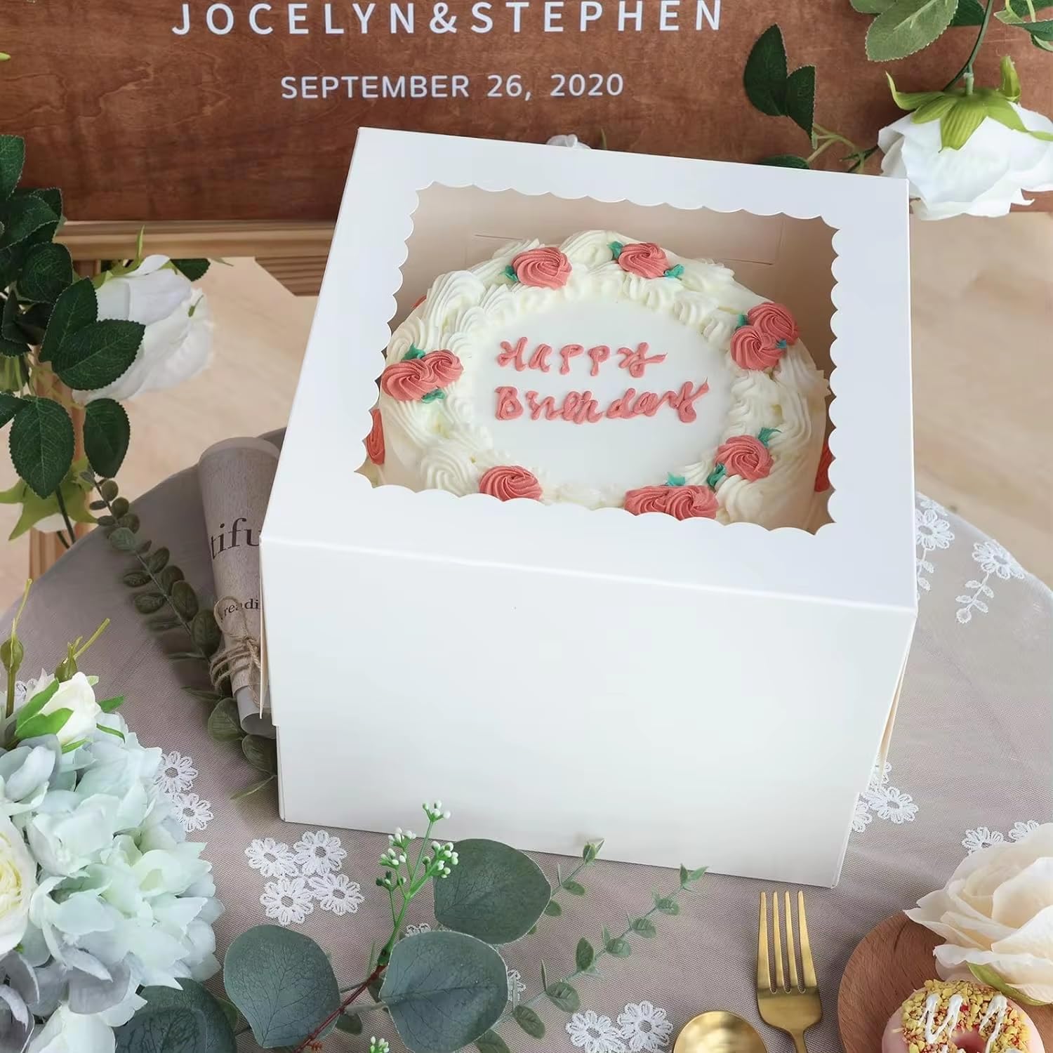 RHBLME Cajas para tartas de 12 pulgadas, 20 cajas para tartas con ventana, cajas grandes de panadería de 12 x 12 x 8 pulgadas, cajas blancas para tartas para fiestas de cumpleaños, pasteles, postres