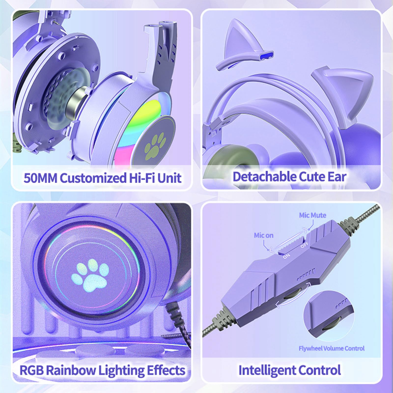 Xmenha Casque de jeu avec oreilles de chat violet avec micro pour Switch Xbox One, PS4, PS5, casque filaire, pour enfants, avec suppression du bruit, pour gamer, PC, ordinateur portable