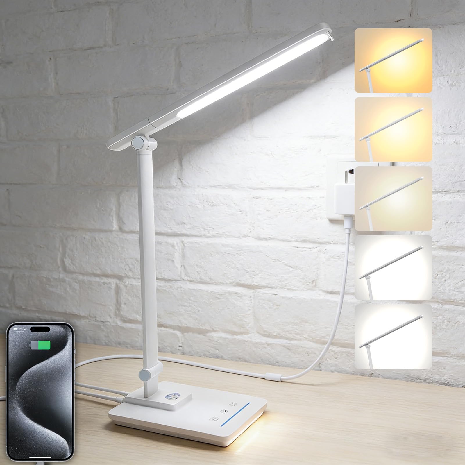 TECHNOVA LED-Schreibtischlampe mit 5 Farbtemperaturen, stufenloses Dimmen und One-Touch-Timer, faltbares und tragbares Design für Büro/Studium/Nagelkunst, USB-Aufladung und Vier-Achsen-Rotation für